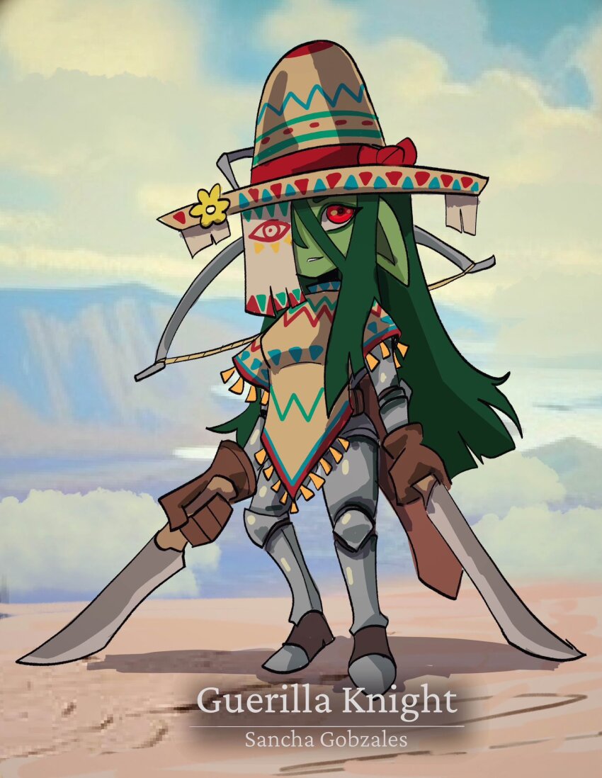 1girl, armor, armored_boots, basedbinkie, boots, bow_(weapon), character_request, colored_skin