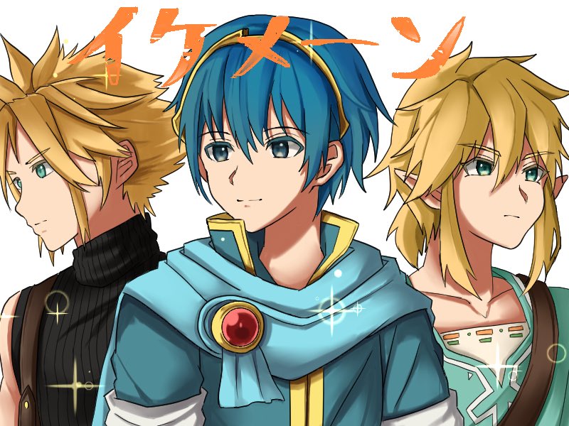 3boys, black_sweater, blonde_eyebrows, blonde_hair, blue_eyes, blue_hair, blue_scarf, blue_tunic