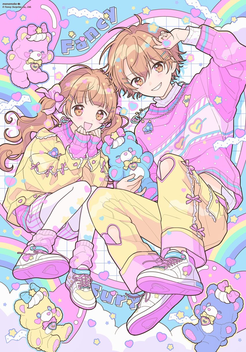 1boy, 1girl, bow, brown_eyes, brown_hair, cardigan, clothing_cutout, colorful