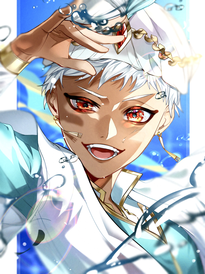 1boy, absurdres, arabian_clothes, arms_up, blue_shirt, blue_sky, dark-skinned_male, dark_skin, earrings, gem, gold_headwear, highres, jacket, jewelry, joe_999, kalim_al-asim, kalim_al-asim_(dream), light_particles, red_eyes, red_gem, shirt, short_hair, sky, smile, tassel, tassel_earrings, turban, twisted_wonderland, water, water_drop, white_hair, white_jacket, white_turban