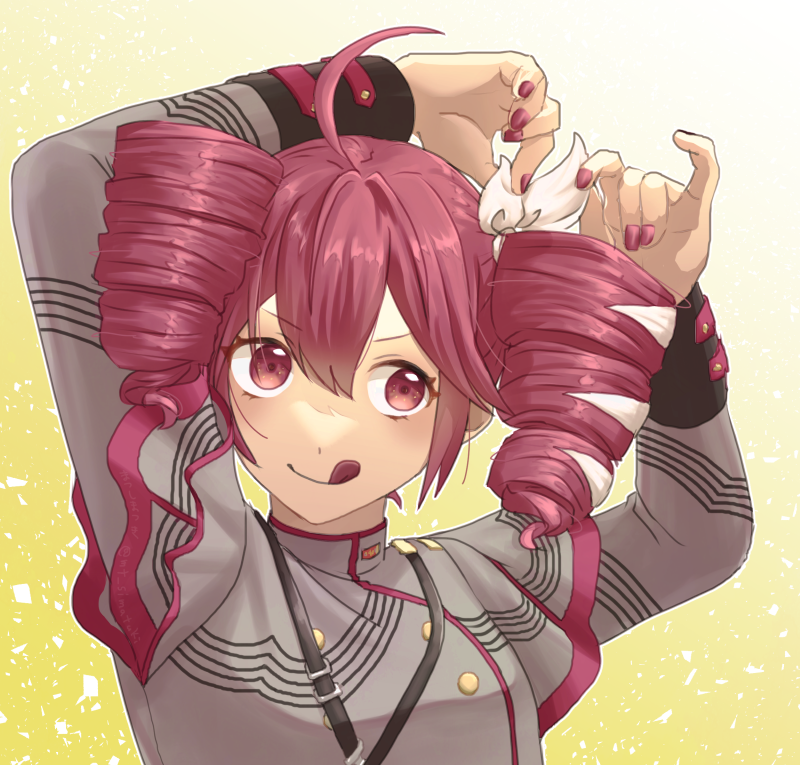 1girl, adjusting_clothes, adjusting_headwear, ahoge, arms_up, bow, buttons, closed_mouth