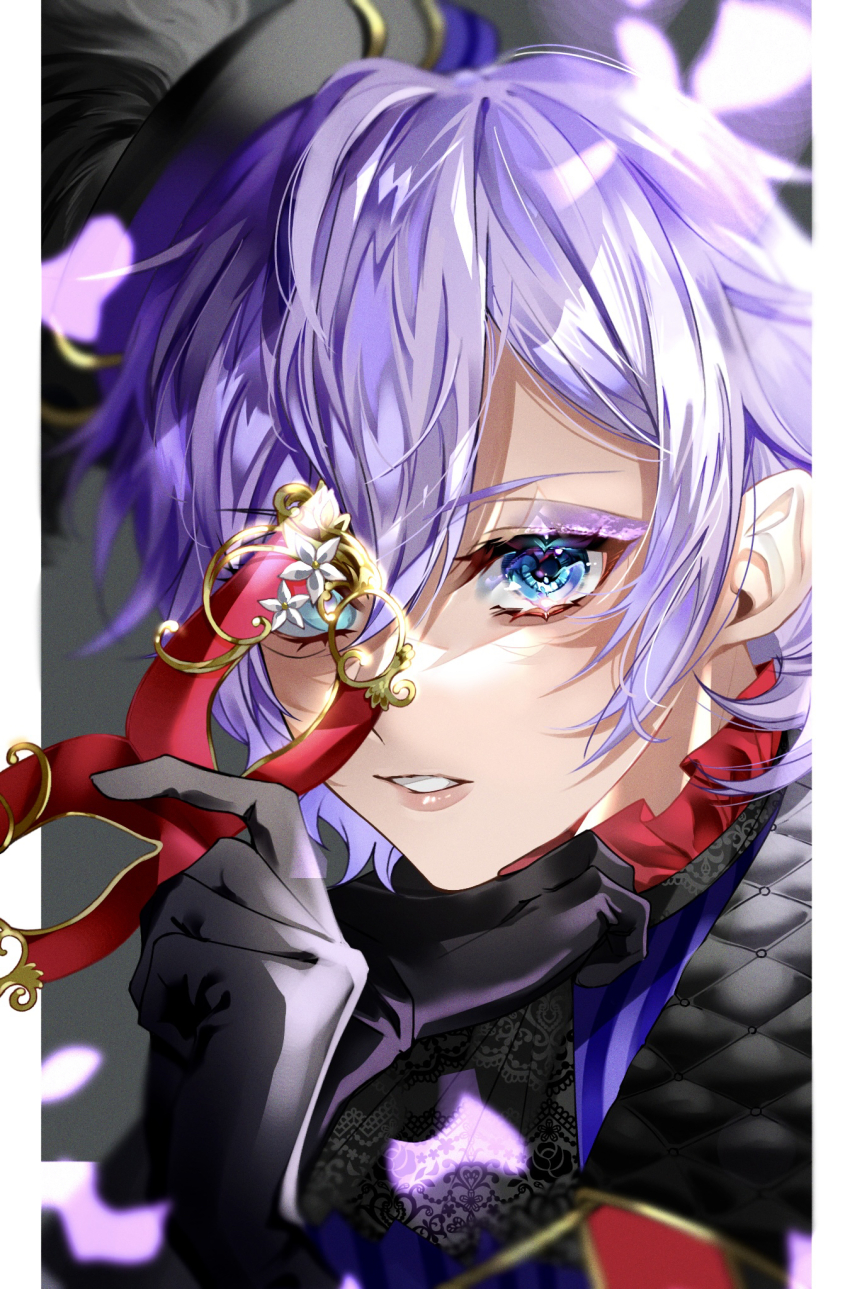 1boy, black_gloves, black_hat, blue_eyes, blue_sash, covering_one_eye, epel_felmier, epel_felmier_(masquerade)