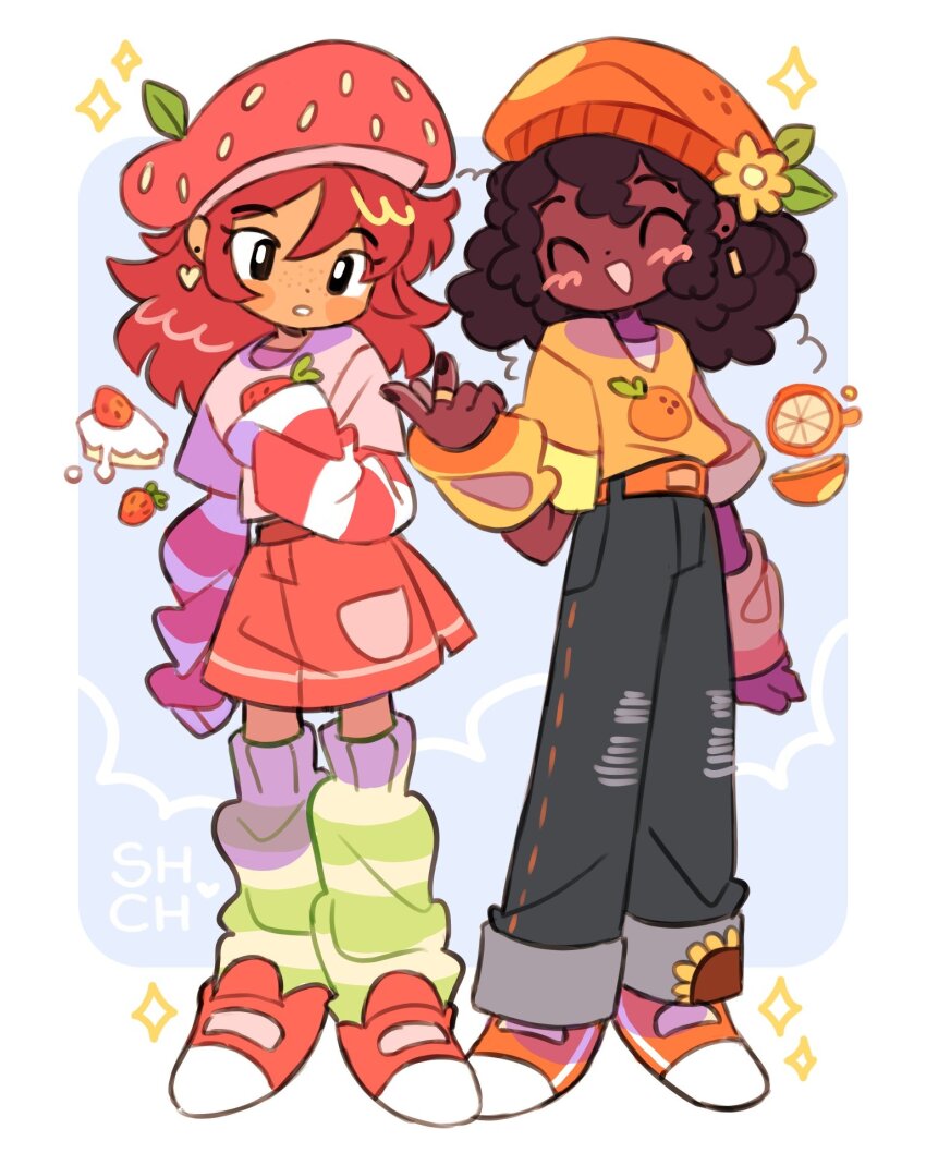 2girls, ^_^, adapted_costume, afro, brown_hair, cake, cake_slice, closed_eyes, commentary, curly_hair, dark-skinned_female, dark_skin, denim, flower, food, food-themed_hat, fruit, full_body, highres, jeans, long_hair, multiple_girls, orange_(fruit), orange_blossom_(sbsc), pants, print_shirt, red_hair, red_shorts, sharpycharot, shirt, shorts, standing, strawberry, strawberry_shortcake_(2009), strawberry_shortcake_(series), strawberry_shortcake_(character), untranslatable_commentary, very_dark_skin