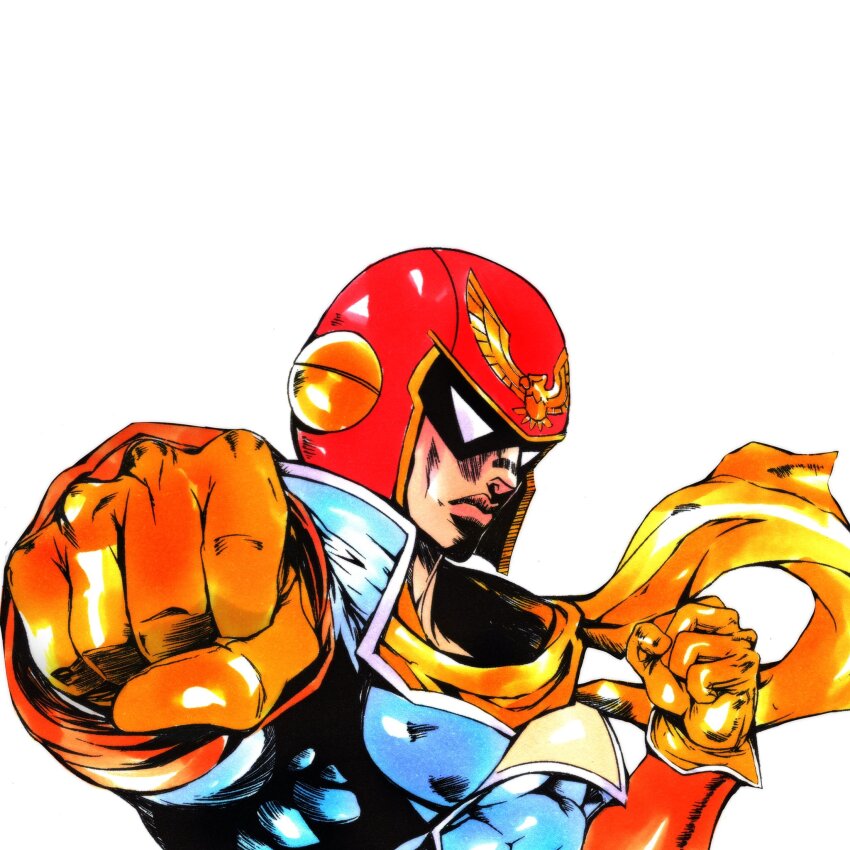 1boy, araki_hirohiko_(style), artbycale, blue_jacket, captain_falcon, clenched_hands, closed_mouth, f-zero