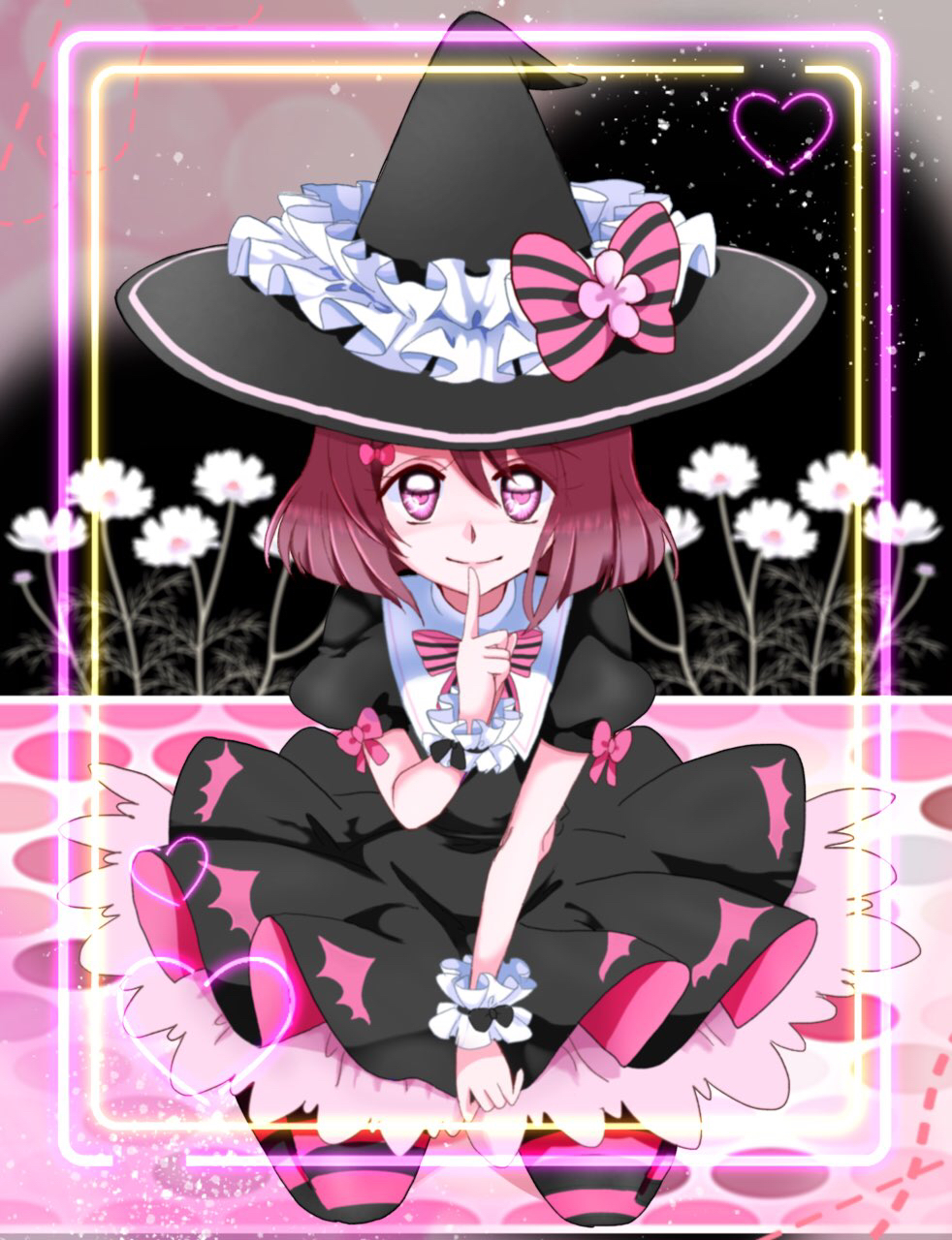 1girl, black_dress, black_hat, black_pantyhose, bob_cut, border, bow, bowtie, closed_mouth, commentary, dress, finger_to_mouth, frilled_cuffs, halloween, hanadera_nodoka, hat, healin'_good_precure, highres, kneeling, komanana320, looking_at_viewer, medium_dress, pantyhose, petticoat, pink_bow, pink_bowtie, pink_eyes, pink_hair, pink_pantyhose, precure, puffy_short_sleeves, puffy_sleeves, short_hair, short_sleeves, smile, solo, striped_clothes, striped_pantyhose, witch_hat
