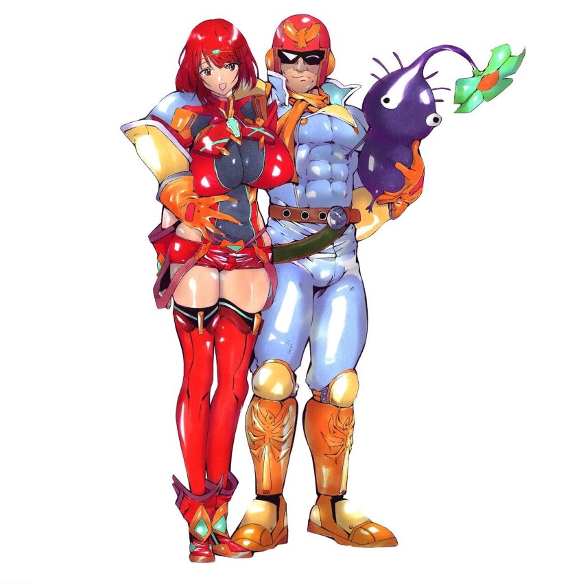 1boy, 1girl, abs, arm_around_shoulder, artbycale, belt, boots, breasts, captain_falcon, chest_jewel, closed_mouth, covered_abs, crossover, f-zero, flower, full_body, gloves, green_flower, highres, huge_breasts, looking_at_viewer, nintendo, one_eye_closed, open_mouth, orange_gloves, orange_scarf, pants, pikmin_(creature), pikmin_(series), purple_pikmin, pyra_(xenoblade), red_hair, red_shorts, red_thighhighs, scarf, short_hair, short_shorts, shorts, simple_background, standing, super_smash_bros., thigh_boots, thighhighs, white_background, xenoblade_chronicles_(series), xenoblade_chronicles_2