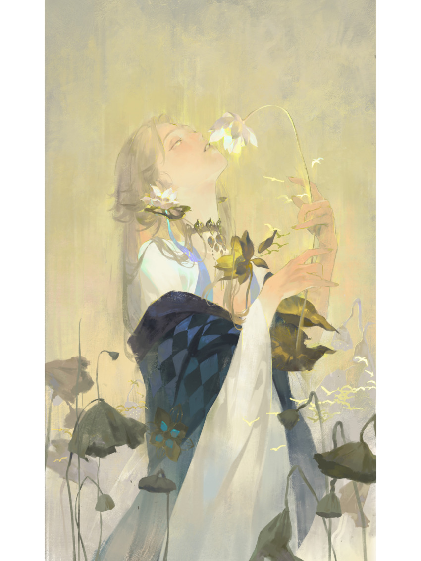 1boy, argyle_clothes, argyle_shawl, black_choker, blonde_hair, blue_shawl, choker, cowboy_shot, dougangangan, eyelashes, fingernails, flower, flower_to_mouth, green_nails, hair_flower, hair_ornament, head_tilt, highres, holding, holding_flower, lace-trimmed_choker, lace_trim, leaf, lips, long_hair, long_sleeves, looking_at_flowers, male_focus, onmyoji, parted_lips, pillarboxed, robe, shawl, solo, standing, straight_hair, taishakuten_(onmyoji), teeth, white_eyes, white_flower, white_robe, wide_sleeves, yellow_background