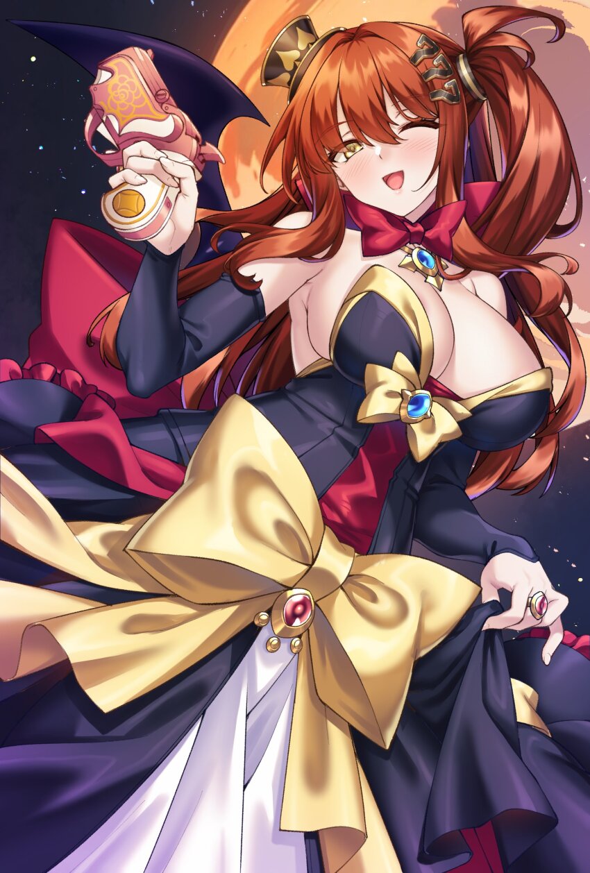 1girl, absurdres, back_bow, black_dress, black_hat, black_sleeves, blush, bow