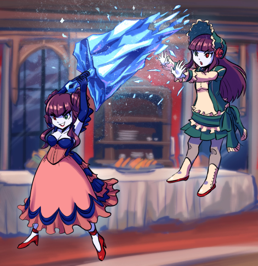 2girls, bonnet, brown_hair, castlevania:_portrait_of_ruin, castlevania_(series), cryokinesis, crystal_sword, dress