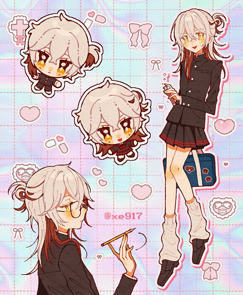 1other, androgynous, bag, black_footwear, black_jacket, black_serafuku, black_shirt, black_skirt