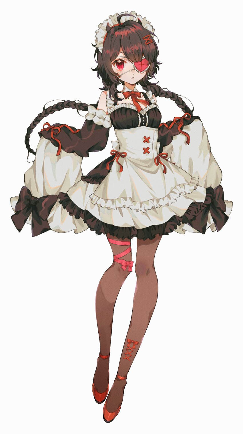 1girl, :<, absurdres, anklet, apron, black_dress, black_hair, black_pantyhose, bow, bowtie, braid, demon_horns, detached_collar, detached_sleeves, dress, eyepatch, frilled_apron, frilled_dress, frills, full_body, heart, heart_eyepatch, highres, horns, jewelry, leg_ribbon, long_hair, looking_at_viewer, low_twin_braids, maid, maid_headdress, mole, mole_under_eye, one_eye_covered, original, pantyhose, pink_ribbon, red_bow, red_bowtie, red_eyes, red_footwear, ribbon, sleeveless, sleeveless_dress, sleeves_past_fingers, sleeves_past_wrists, solo, standing, tachi-e, thigh_ribbon, tmkgtmkg, twin_braids, very_long_hair, white_apron, white_background