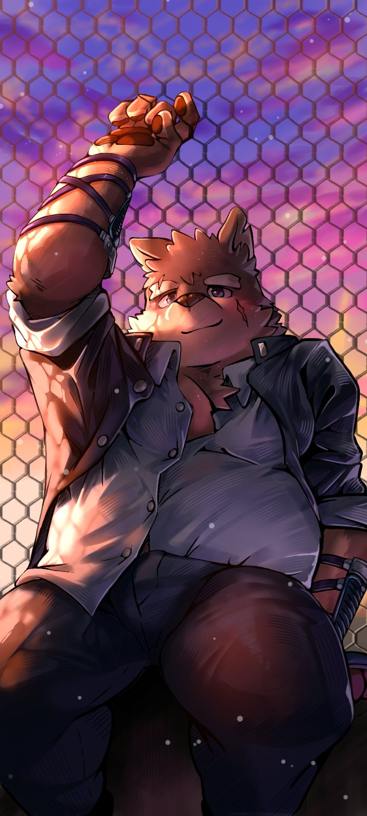 1boy, animal_ear_fluff, animal_ears, arms_up, belly, blue_coat, blue_pants, blush, brown_fur, bulge, chain-link_fence, chest_fur, closed_mouth, coat, dog_boy, dog_ears, animal_nose, dog_tail, facial_scar, fat, fat_man, fence, furry, furry_male, gauntlets, highres, looking_at_viewer, male_focus, moritaka_(housamo), notched_ears, pants, partially_unbuttoned, pawpads, pectoral_cleavage, pectorals, rooftop, scar, scar_across_eyebrow, scar_on_cheek, scar_on_face, school_uniform, shirt, sitting, sky, smile, sunset, tail, thewanderingjake, tokyo_houkago_summoners, white_shirt