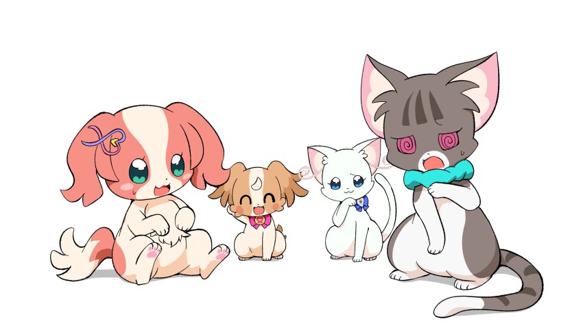 4girls, @_@, @est@, aqua_scrunchie, blue_eyes, brown_fur, cat, commentary_request