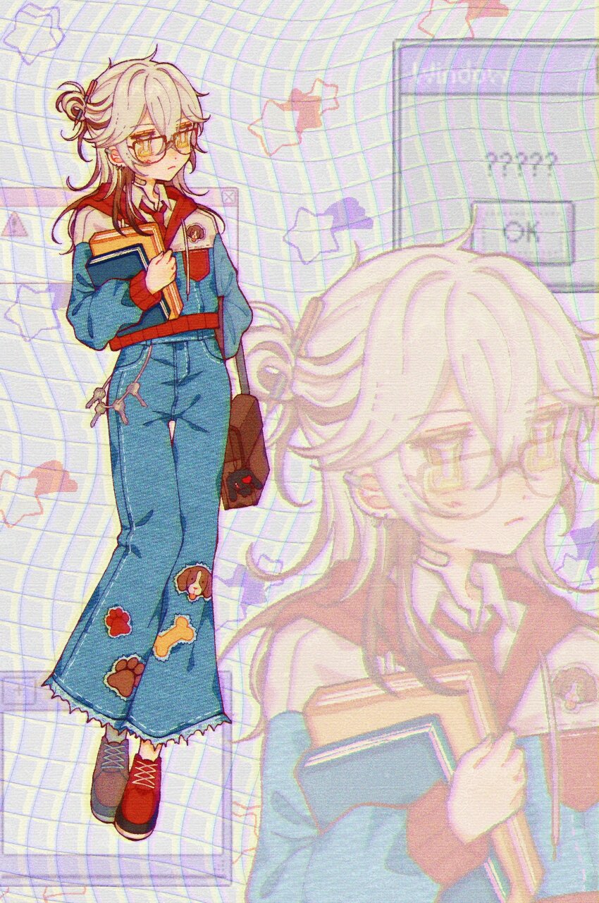 1other, :/, absurdres, androgynous, animal_print, bag, blue_jacket, blue_pants, bone_print, book, brown_bag, brown_hair, collared_shirt, colored_tips, dog_print, full_body, glasses, grey_background, grey_hair, grid_background, highres, holding, holding_book, jacket, key, medicine_pocket, medium_hair, multicolored_hair, necktie, pants, paw_print, print_pants, red_footwear, red_necktie, reverse:1999, shirt, solo, standing, star_(symbol), tmkgtmkg, vaporwave, white_shirt, window_(computing), yellow_eyes, zoom_layer