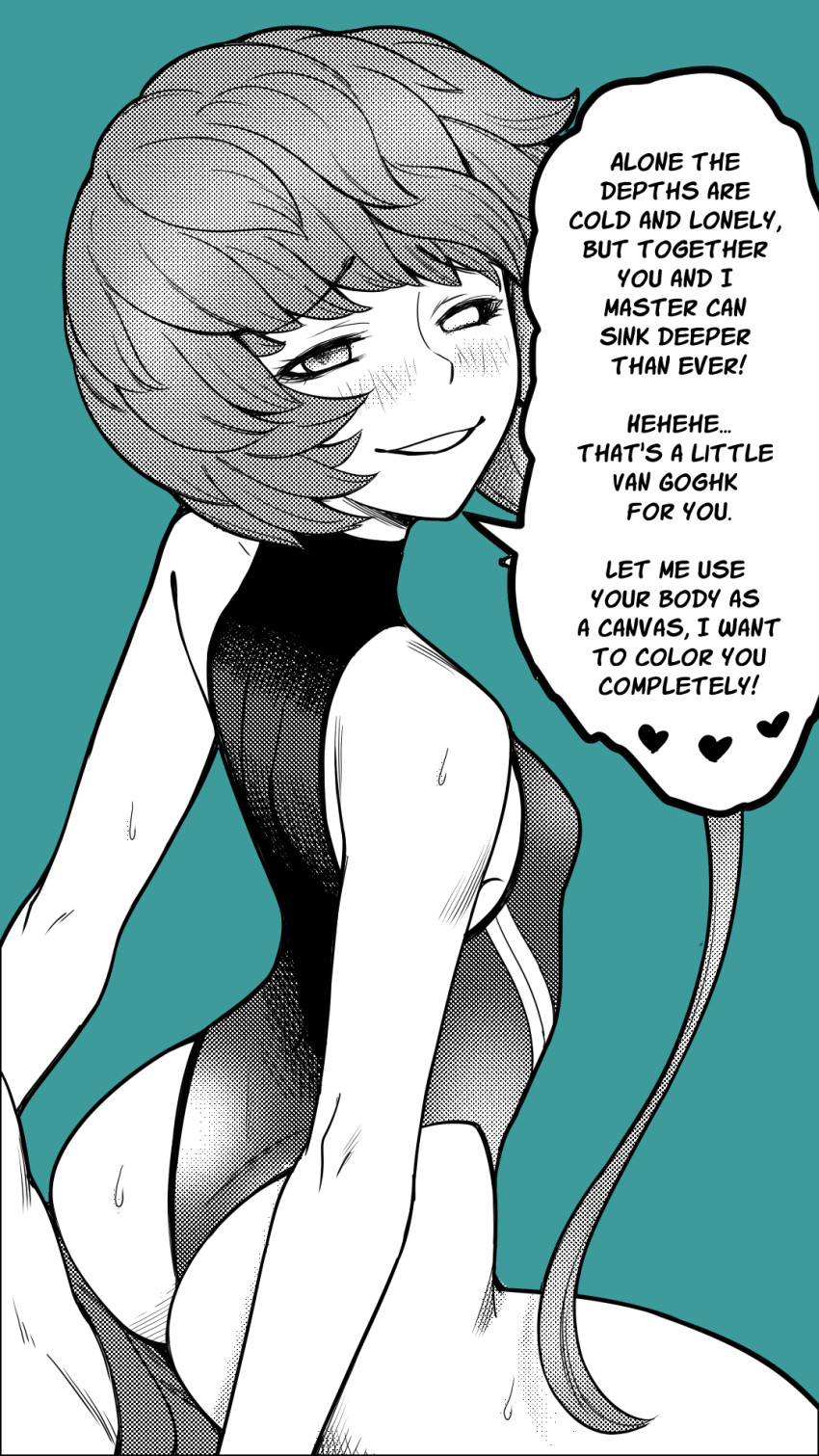 1boy, 1girl, ass_press, bare_shoulders, blush, breasts, english_text, fate/grand_order, fate_(series), green_background, grin, heart, heterochromia, highres, male_swimwear, shinsaku_(stan-art), simple_background, small_breasts, smile, solo_focus, swim_trunks, swimsuit, van_gogh_(fate), van_gogh_(sink_deeper)_(fate)