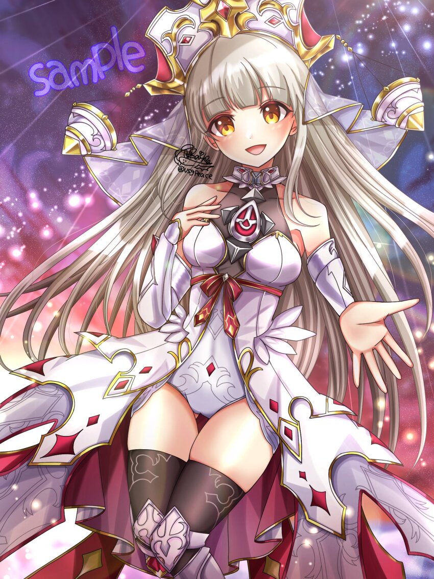 1girl, bare_shoulders, brown_eyes, grey_hair, hat, highres, leotard, long_hair