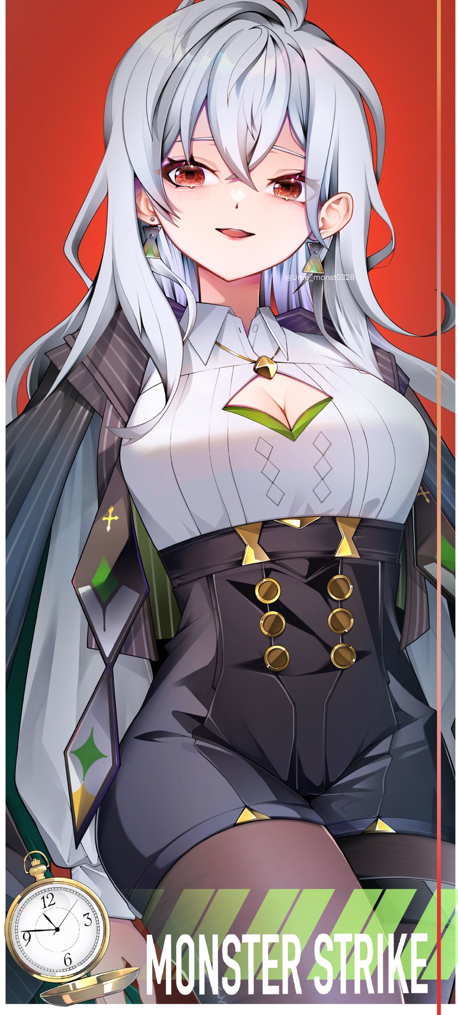 1girl, breasts, cleavage_cutout, clothing_cutout, commentary, doomsday_(monster_strike), grey_hair, highres, jacket, jacket_on_shoulders, long_hair, monster_strike, open_mouth, pantyhose, pocket_watch, red_eyes, solo, ume_monst0328, watch