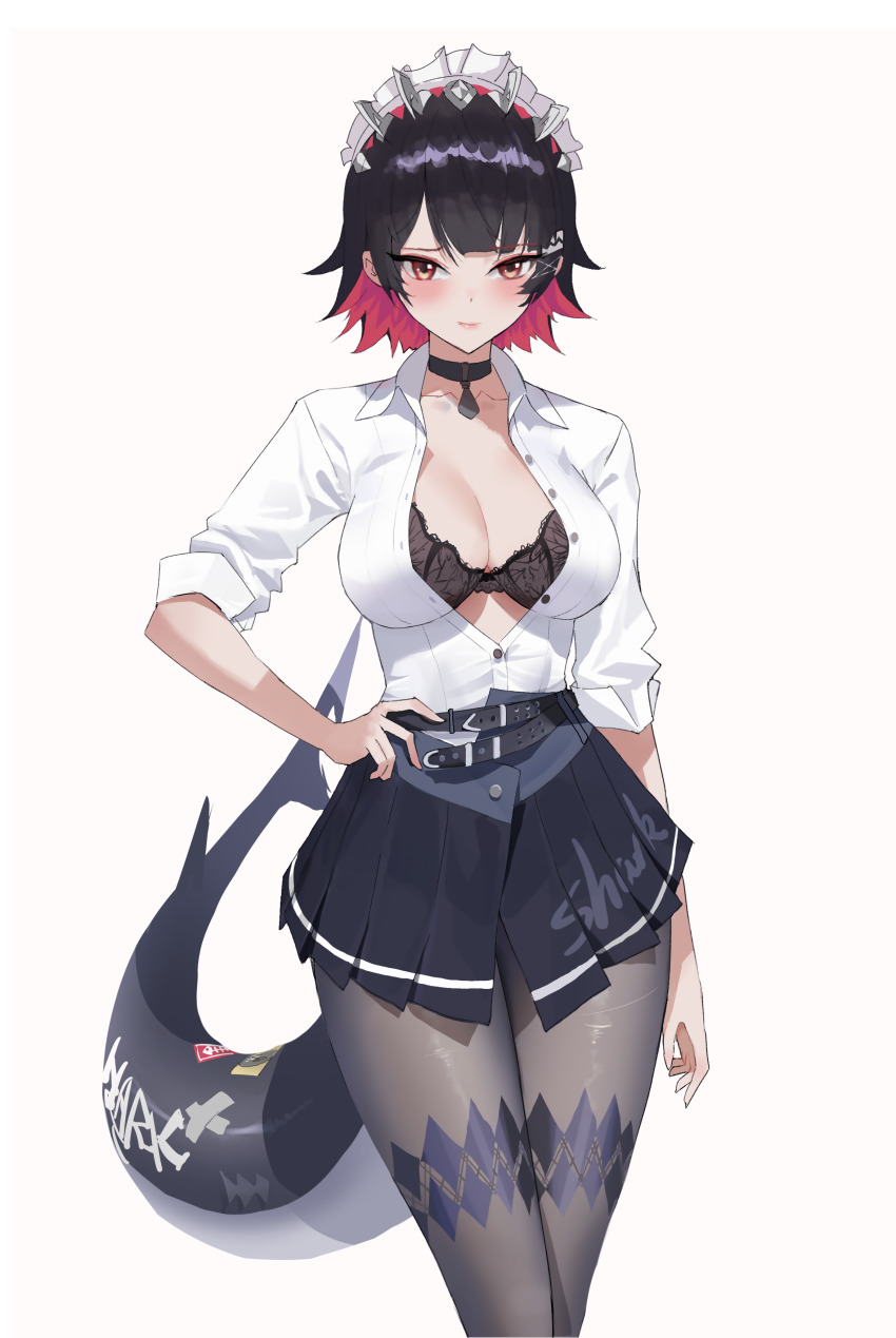 0dd, 1girl, absurdres, belt, black_bra, black_choker, black_hair, black_pantyhose