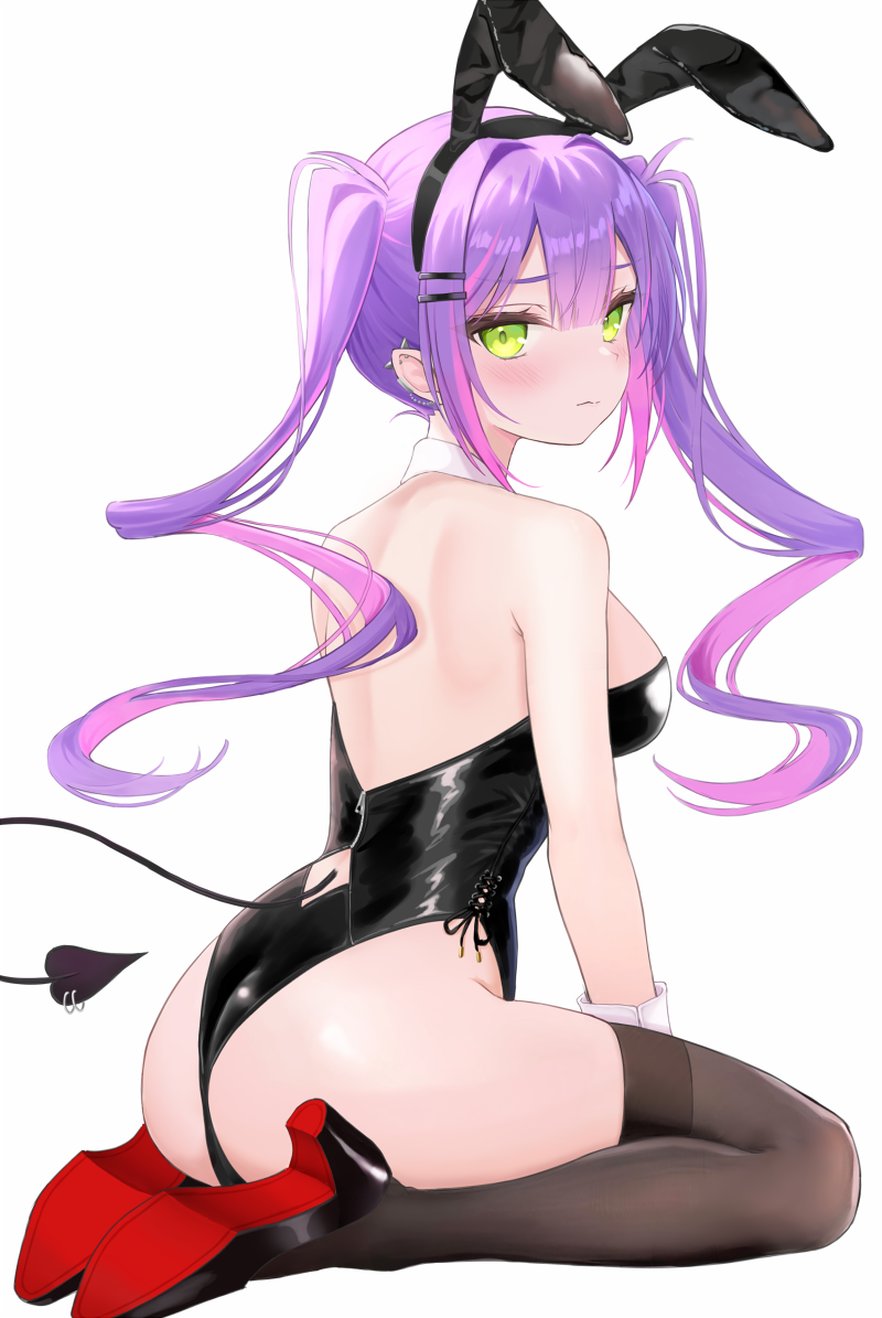 1girl, alternate_costume, animal_ear_hairband, animal_ears, ass, back, bare_shoulders, black_footwear