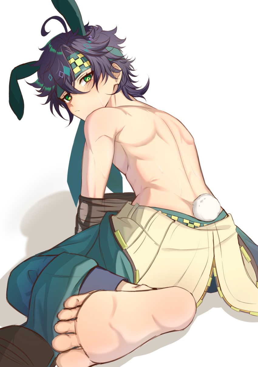 1boy, absurdres, animal_ears, aqua_pants, barefoot, black_hair, blush, feet