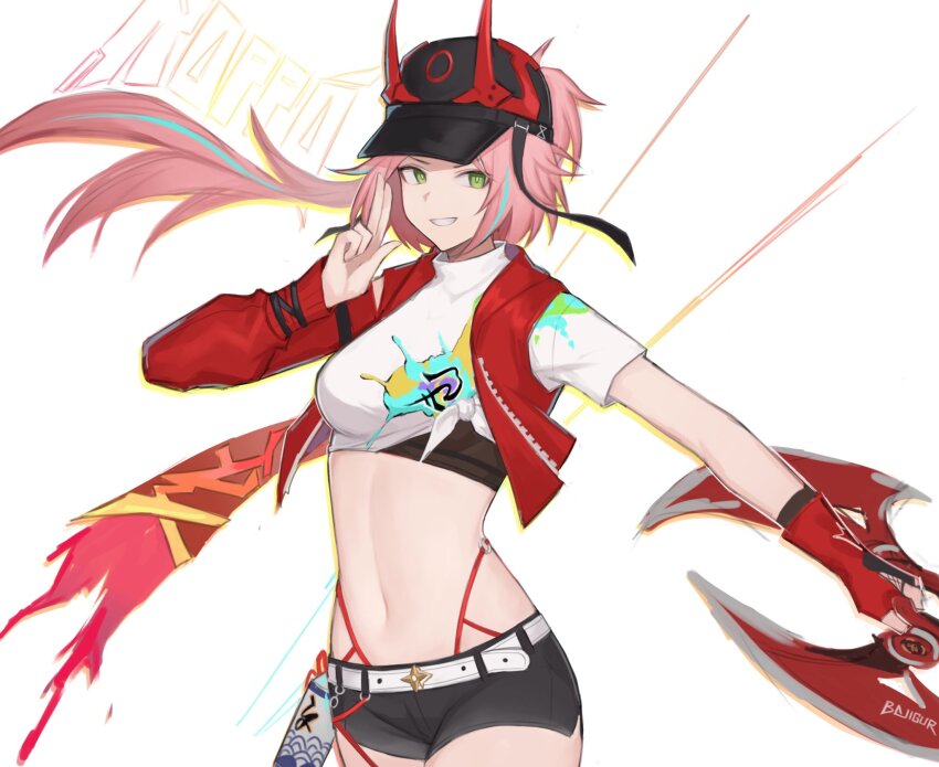 1girl, bajigurr, baseball_cap, belt, black_hat, black_shorts, breasts, cowboy_shot