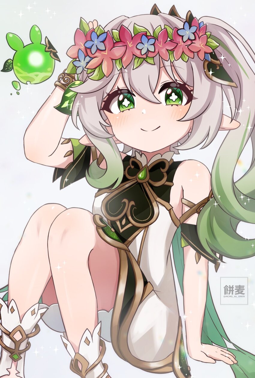 1girl, bare_shoulders, bloomers, blue_flower, blush, bracelet, closed_mouth, commentary