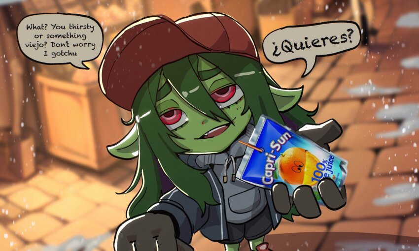 1girl, basedbinkie, brown_gloves, capri-sun, coat, cold, colored_skin, drink, english_text, fangs, female_goblin, fewer_digits, gloves, goblin, green_hair, green_skin, hat, highres, holding, holding_drink, hood, hoodie, jacket, large_ears, lock, long_hair, long_pointy_ears, looking_at_viewer, meme, original, outdoors, pointy_ears, quieres?_(meme), red_eyes, sancha_gobzales_(basedbinkie), snow, snowflakes, snowing, spanish_text, speech_bubble, winter, winter_clothes