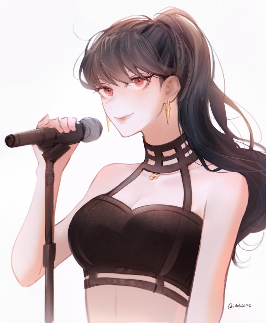 absurdres, bare_shoulders, black_hair, black_shirt, breasts, closed_mouth, crop_top, earrings