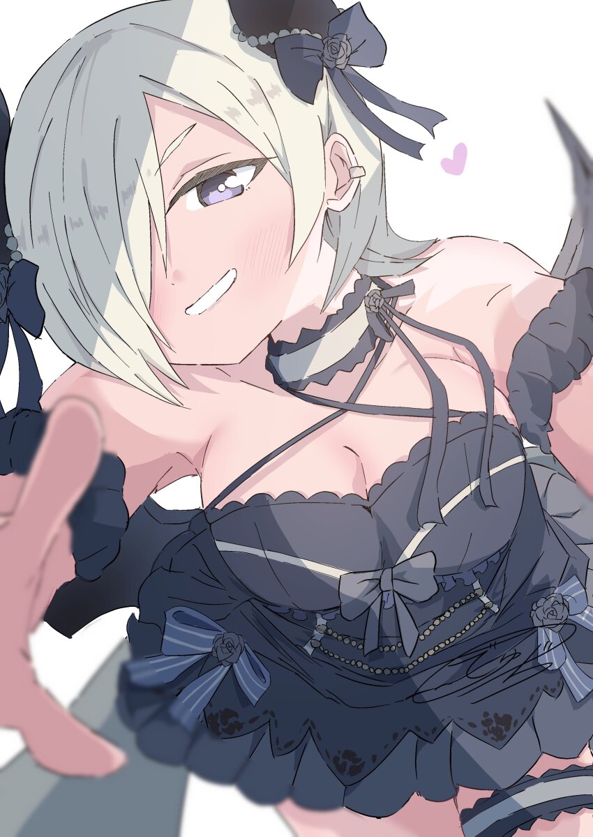 1girl, absurdres, black_dress, breasts, bright_pupils, cleavage, collarbone, commentary, cowboy_shot, criss-cross_halter, demon_girl, demon_horns, demon_wings, dhuno_g, dress, frilled_dress, frills, grey_hair, grin, hair_over_one_eye, halter_dress, halterneck, highres, horns, large_breasts, love_live!, love_live!_nijigasaki_high_school_idol_club, mia_taylor, official_alternate_costume, one_eye_covered, purple_eyes, short_dress, short_hair, sleeveless, sleeveless_dress, smile, solo, white_pupils, wings