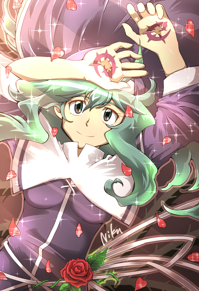 1girl, capelet, closed_mouth, flower, green_eyes, green_hair, hand_on_own_forehead, hand_tattoo, long_hair, looking_at_viewer, maria_(housamo), niku_nabe, petals, plant, red_flower, red_petals, red_rose, rose, rose_petals, smile, solo, sparkle, tattoo, thorns, tokyo_houkago_summoners, veil, very_long_hair, vines