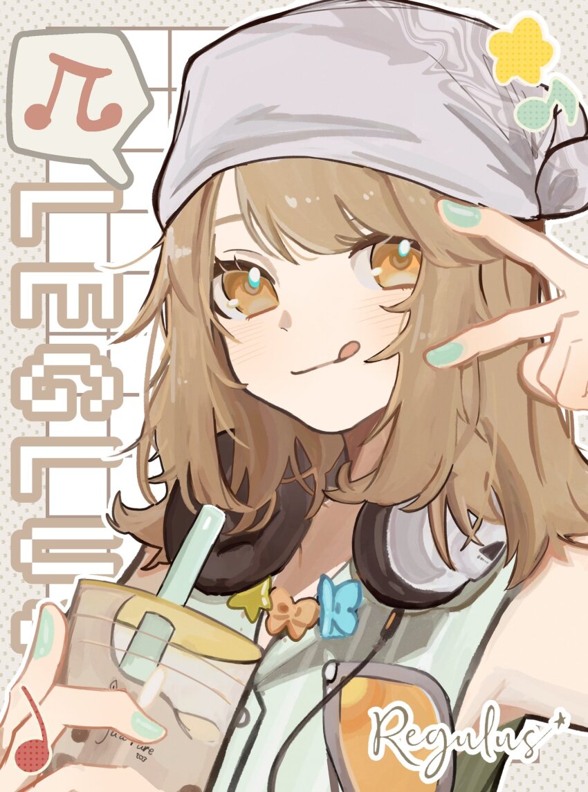 1girl, :q, aqua_nails, brown_hair, character_name, cup, disposable_cup, drinking_straw