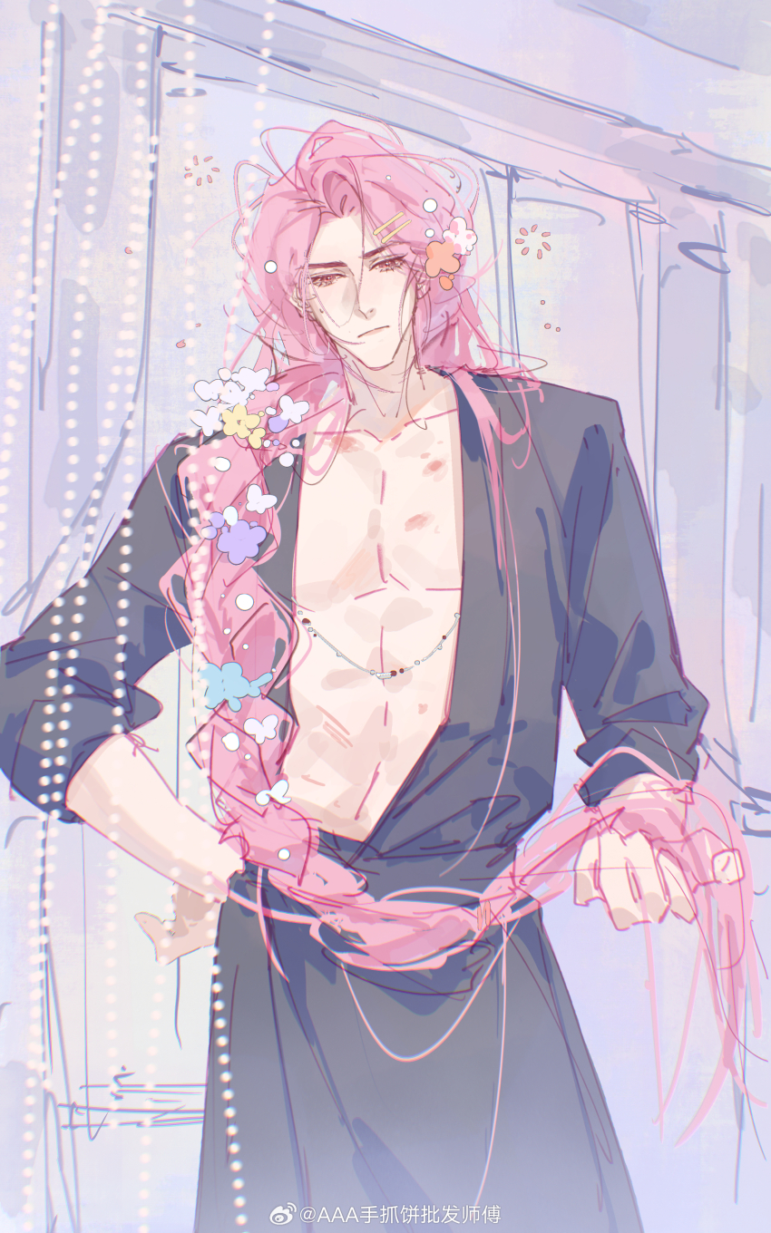 1boy, :/, absurdres, black_robe, braid, closed_mouth, collarbone, cowboy_shot, curtains, error:_metamorphosis, facing_viewer, flower, flower_braid, frown, hair_flower, hair_ornament, hair_over_shoulder, hairclip, hand_on_own_hip, hickey, highres, holding, holding_own_hair, indoors, long_hair, looking_down, male_focus, messy_hair, open_clothes, open_robe, parted_bangs, pink_eyes, pink_hair, robe, shou_zhua_bing_pi_fa_shifu, single_braid, sleepwear, solo, squeans, standing, sweatdrop, three-quarter_sleeves, very_long_hair, watermark, weibo_watermark, zhao_ran