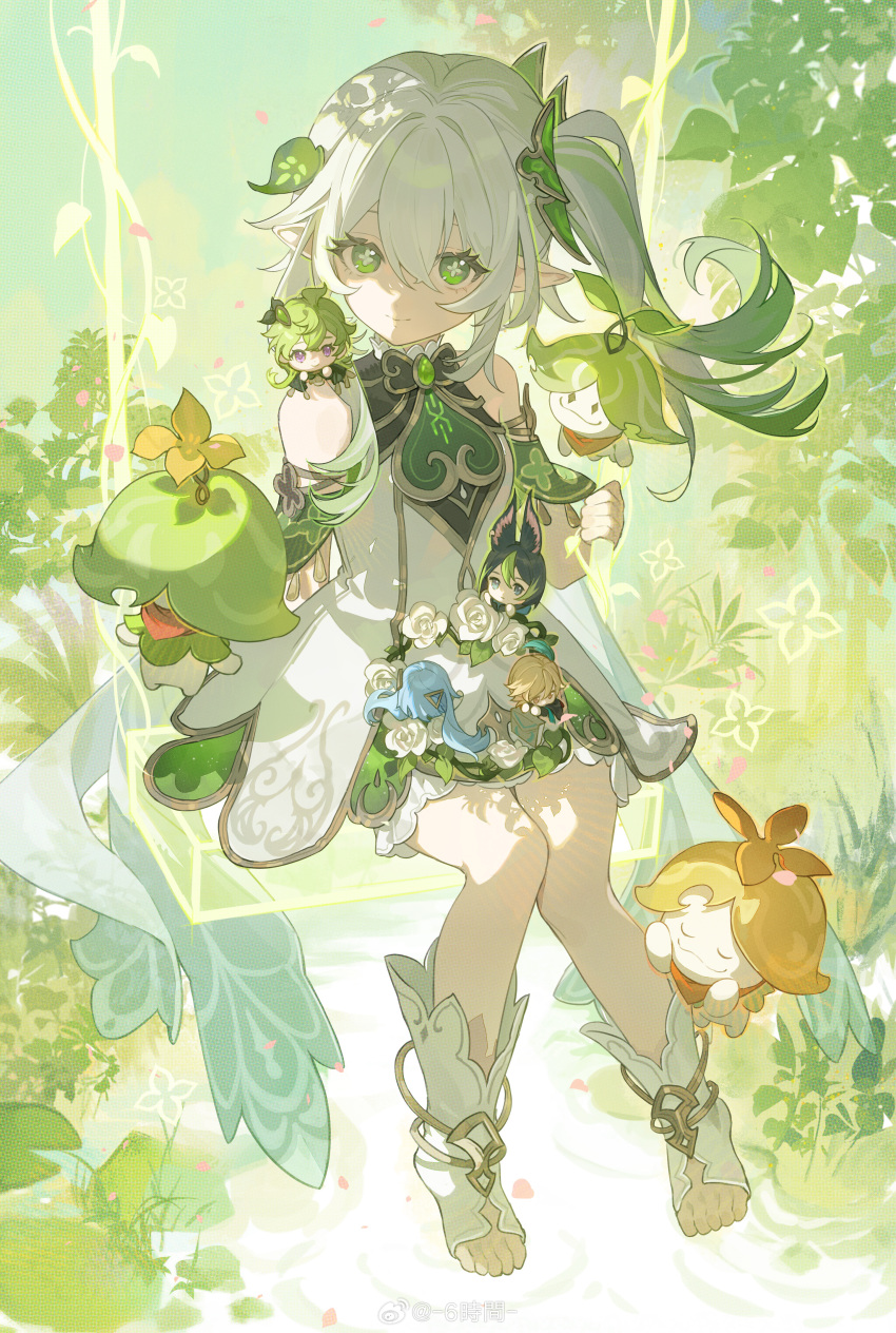 1girl, absurdres, animal_ears, aqua_hair, aranara_(genshin_impact), bare_shoulders, blonde_hair, bloomers, chibi, collei_(genshin_impact), commentary_request, cross-shaped_pupils, dress, faruzan_(genshin_impact), feather_hair_ornament, feathers, flower, fox_boy, fox_ears, genshin_impact, gradient_hair, green_eyes, green_hair, green_sleeves, hair_between_eyes, hair_ornament, highres, kaveh_(genshin_impact), leaf, leaf_hair_ornament, looking_at_viewer, mehrak_(genshin_impact), multicolored_hair, nahida_(genshin_impact), on_swing, pointy_ears, purple_eyes, side_ponytail, smile, solo, solo_focus, stirrup_footwear, stirrup_legwear, sumery, swing, symbol-shaped_pupils, tighnari_(genshin_impact), toeless_footwear, toeless_legwear, triangle_hair_ornament, underwear, white_bloomers, white_dress, white_hair