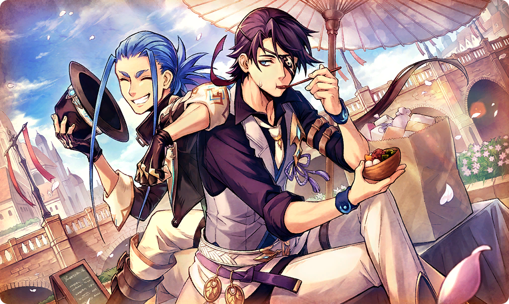 2boys, ^_^, bag, black_hat, blue_eyes, blue_hair, blue_sky, closed_eyes