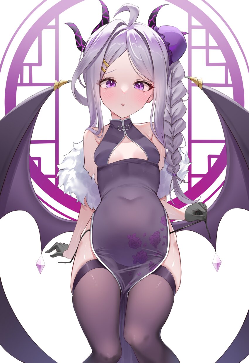 1girl, absurdres, antenna_hair, black_gloves, black_horns, black_thighhighs, blue_archive, blush