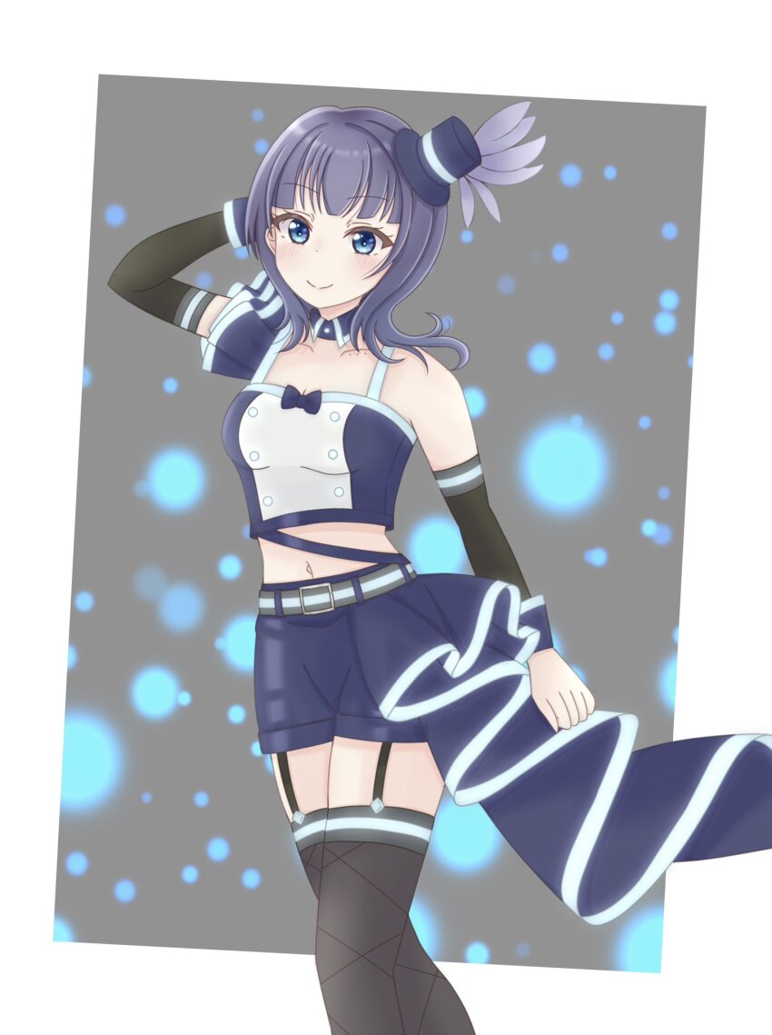 1girl, arm_up, asaka_karin, black_sleeves, black_thighhighs, blue_eyes, blue_hair, blue_hat