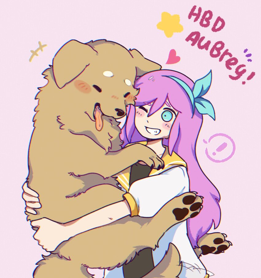 !, 1girl, afterimage, animal, aubrey_(faraway)_(omori), aubrey_(omori), black_shirt, blue_eyes, commentary, dog, grin, happy_birthday, heart, highres, holding, holding_animal, holding_dog, jacket, long_hair, lucas_(omori), motion_lines, ni12345670, omori, one_eye_closed, pink_hair, raised_eyebrow, shirt, smile, spoken_exclamation_mark, star_(symbol), tail, tail_wagging, tongue, tongue_out, white_jacket