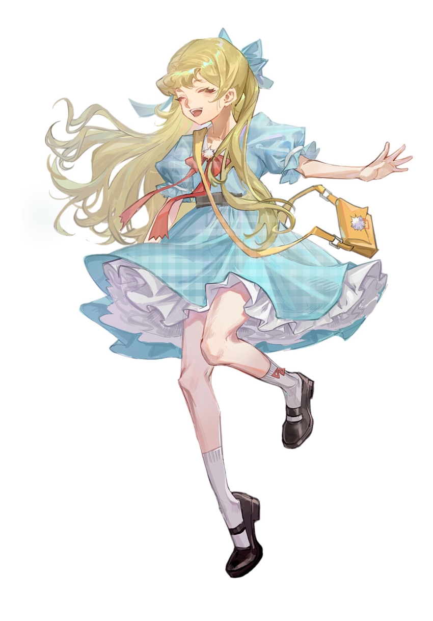 1girl, bag, black_shoes, blonde_hair, blue_bow, blue_dress, bow, bowtie