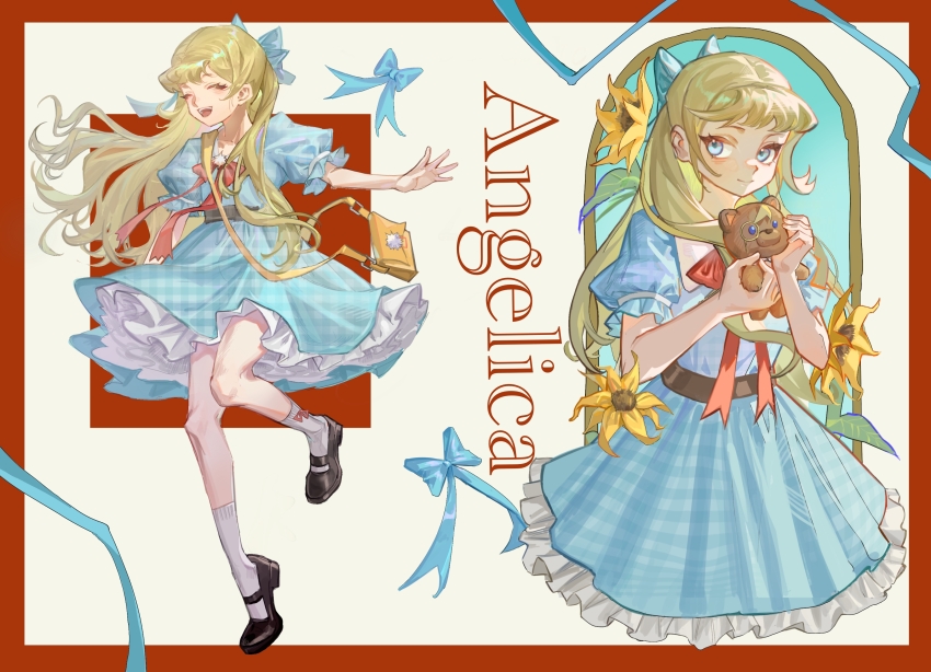 1girl, absurdres, bag, black_footwear, blonde_hair, blue_bow, blue_dress, blue_eyes