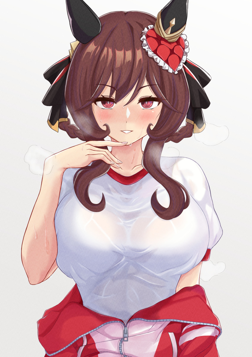 1girl, animal_ears, arm_at_side, blush, braid, breasts, brown_hair, collarbone