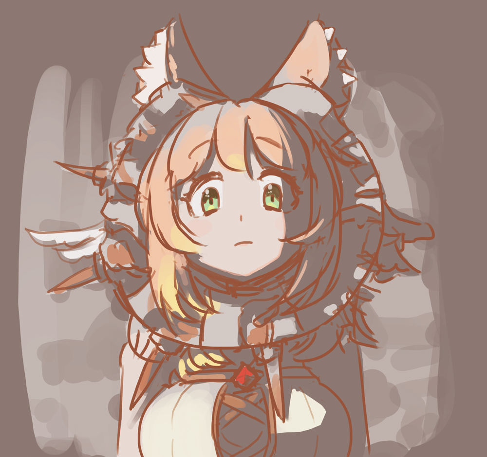 1girl, animal_ears, breasts, commentary, eien_project, english_commentary, fox_ears, fox_girl, frown, green_eyes, grey_background, lao_ren_xing, large_breasts, long_hair, looking_at_viewer, mirri_saffire, orange_hair, solo, staring, upper_body, virtual_youtuber