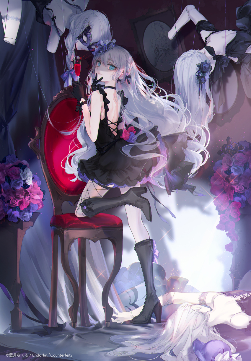 1girl, backless_dress, backless_outfit, black_dress, black_footwear, black_gloves, blue_eyes, boots, broken_doll, chair, champagne_flute, cierra_(ra-bit), cup, doll_joints, dress, drinking_glass, earrings, eye_mask, fishnet_thighhighs, fishnets, flower, frilled_dress, frills, gloves, highres, jewelry, joints, lolita_fashion, long_hair, looking_at_viewer, mask, original, pink_flower, pink_rose, portrait_(object), puppet, purple_flower, purple_rose, rose, string, thighhighs, white_hair
