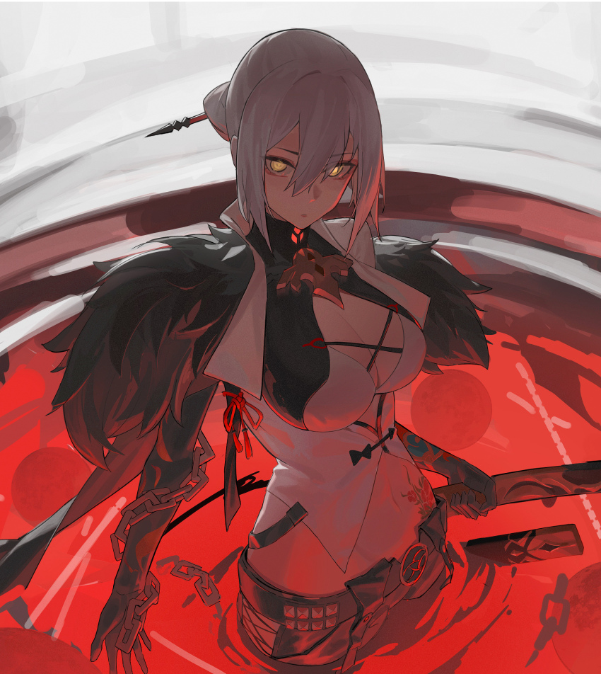 1girl, alpha:_crimson_weave_(pgr), alpha:_crimson_weave_(tsubaki)_(pgr), alpha_(pgr), arm_tattoo, bare_shoulders, black_pants, breasts