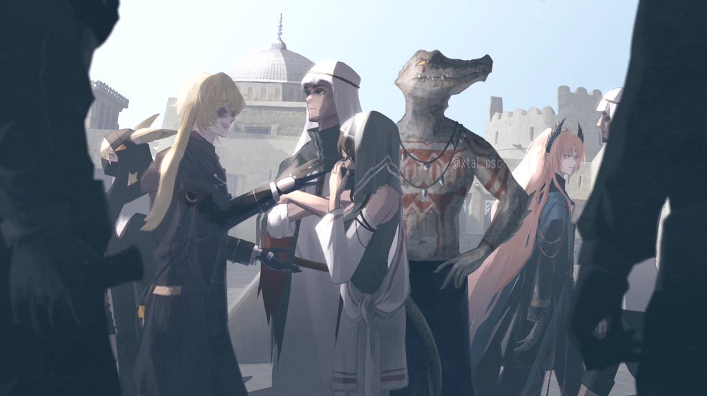 2girls, 2others, 4boys, animal_ears, arknights, black_cloak, black_coat, black_gloves