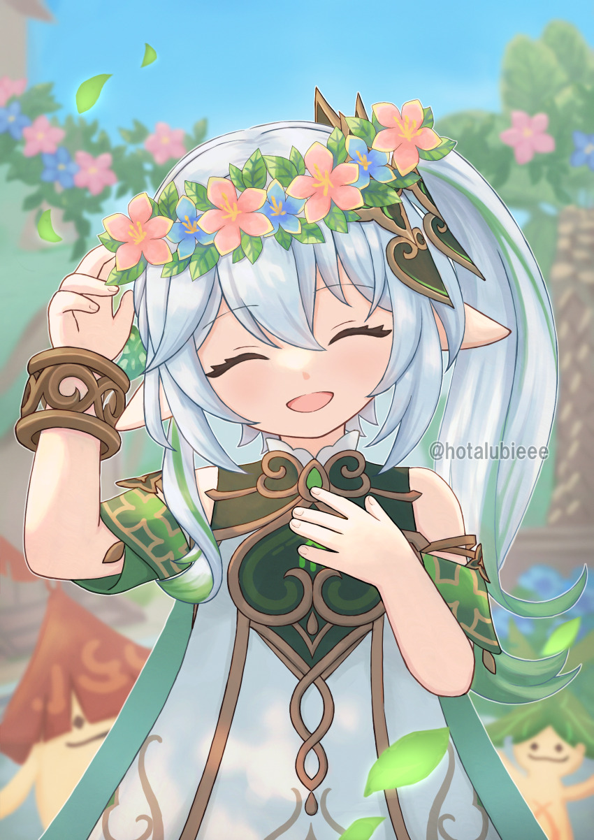 1girl, ^_^, absurdres, aranara_(genshin_impact), artist_name, bare_shoulders, bloomers, blue_flower