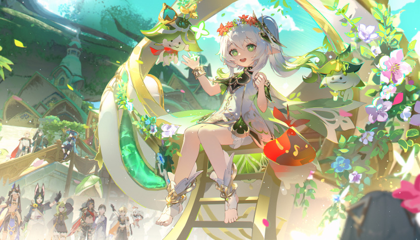 5girls, 6+boys, absurdres, aether_(genshin_impact), alhaitham_(genshin_impact), aranara_(genshin_impact), bloomers, bright_pupils