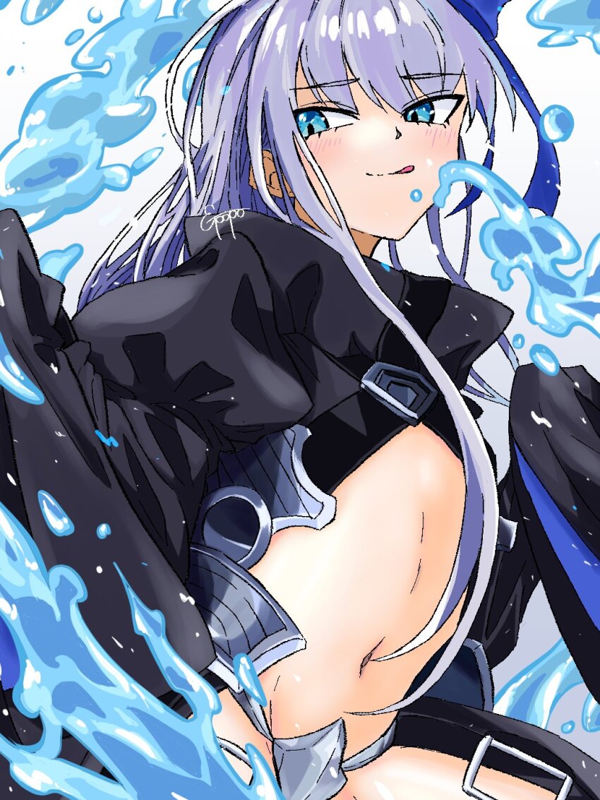 1girl, black_coat, blue_eyes, bow, coat, ebponpoa13, fate/extra, fate/extra_ccc, fate/grand_order, fate_(series), flat_chest, hair_bow, highres, licking_lips, long_hair, meltryllis_(fate), navel, purple_hair, signature, sleeves_past_fingers, sleeves_past_wrists, tongue, tongue_out, water
