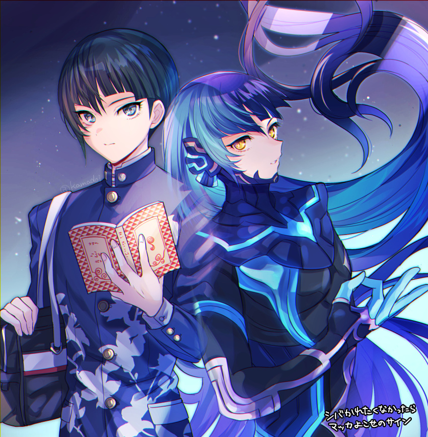 2boys, androgynous, asymmetrical_hair, bag, black_hair, blue_eyes, blue_hair, bodysuit