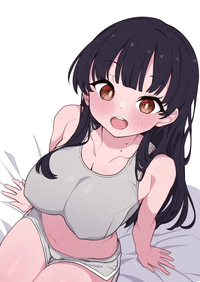 1girl, absurdres, arm_support, bare_arms, bare_shoulders, black_hair, blush, boku_no_kokoro_no_yabai_yatsu