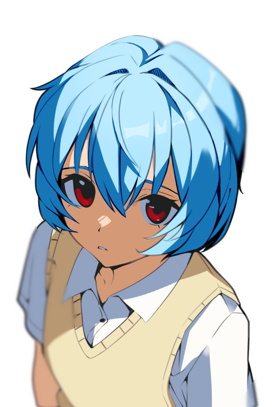 1girl, ayanami_rei, blue_hair, blurry_edges, commentary, dress_shirt, english_commentary, from_above